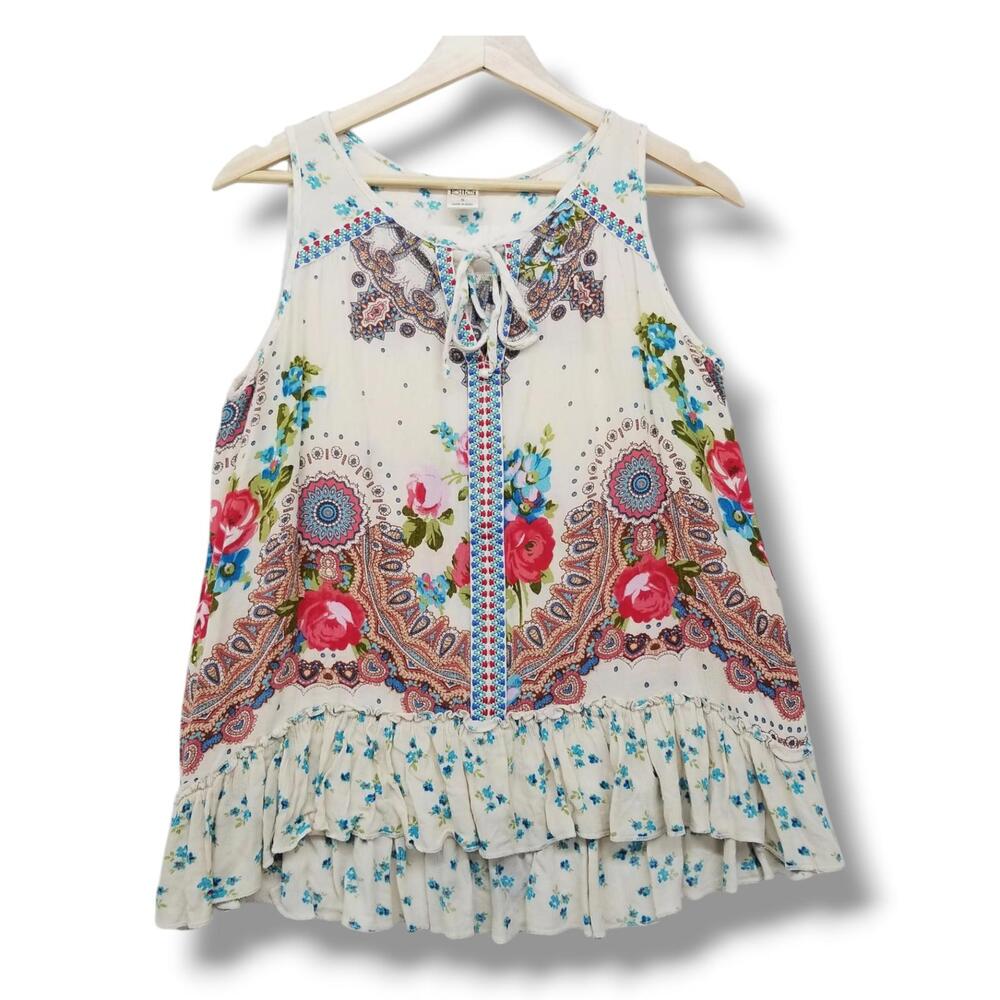 Bila Ruffle Tie Neck Tank Top Blouse Small Off White Blue Pink Floral Embroidery